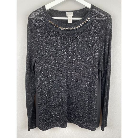Chicos Top Womens Size L 2 Black Long Sleeve Metallic Studded Sheer Party Work - Picture 1 of 10